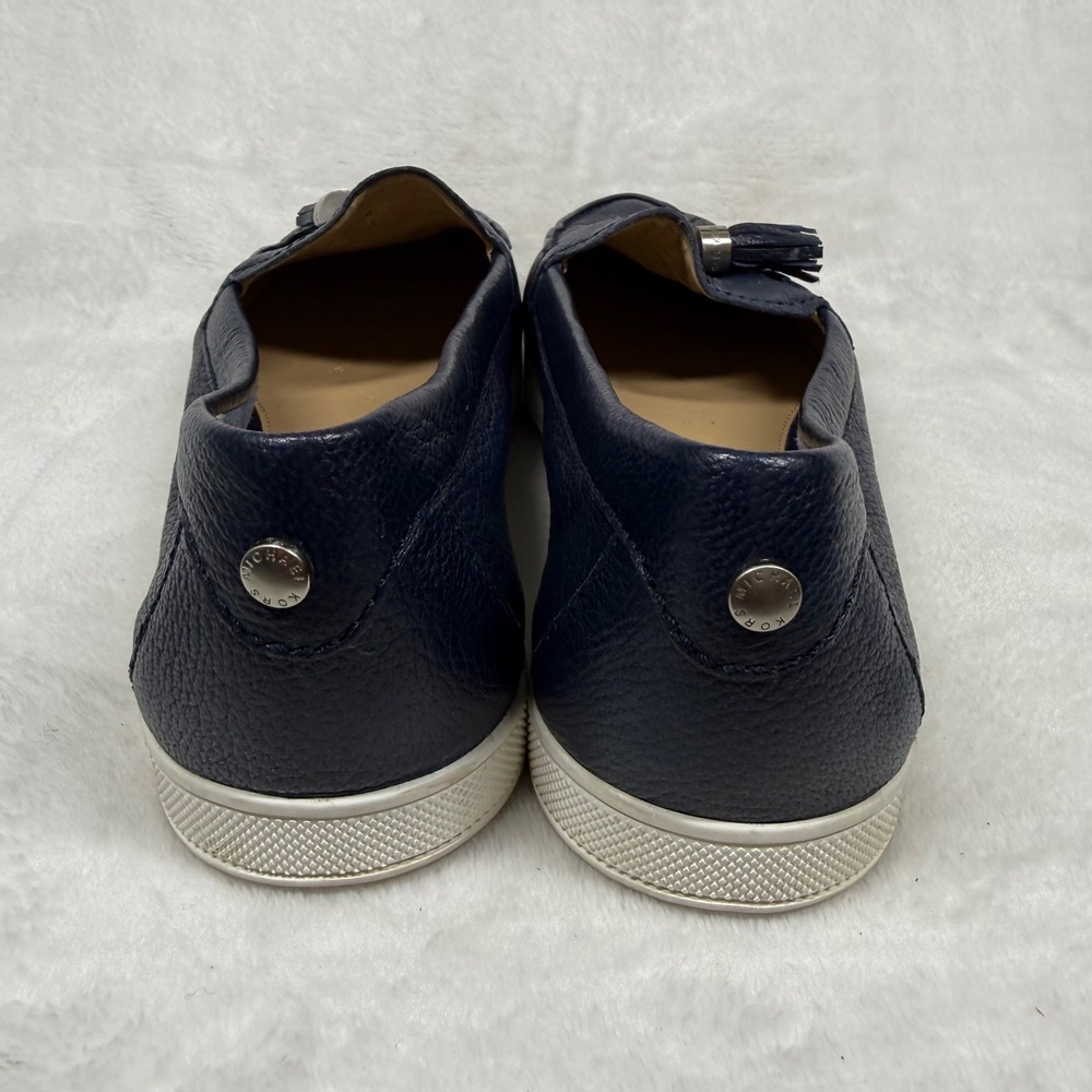 Michael Kors Navy Pebbled Leather Tassel Loafer Sneakers Silver Hardware Blue 7 - Picture 7 of 14
